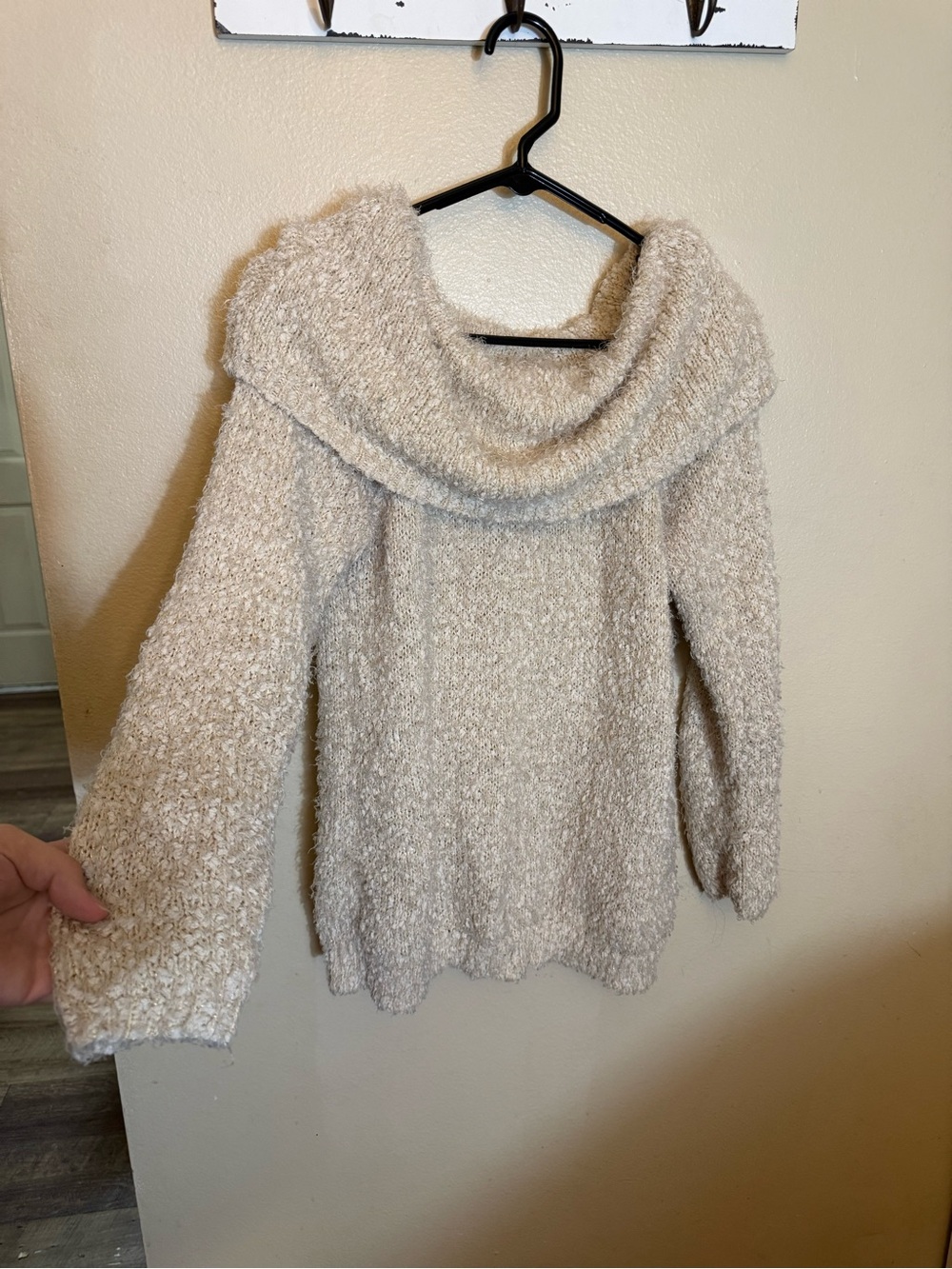 LC Lauren Conrad Off-Shoulder Bouclé Sweater in Light Cream